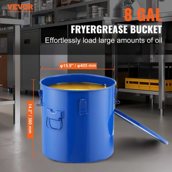 Cooking Equipment | Fryer Grease Bucket, 8 Gal Oil Disposal Caddy Carbon Steel Fryer Oil Bucket with Rust-Proof Coating, Oil Transport Container with Lid, Lock Clips, Filter Bag for Hot Cooking Oil Filtering, Blue Cooking Equipment Cooking Equipment