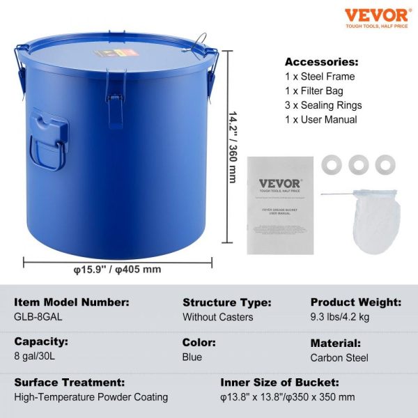 Cooking Equipment | Fryer Grease Bucket, 8 Gal Oil Disposal Caddy Carbon Steel Fryer Oil Bucket with Rust-Proof Coating, Oil Transport Container with Lid, Lock Clips, Filter Bag for Hot Cooking Oil Filtering, Blue Cooking Equipment Cooking Equipment