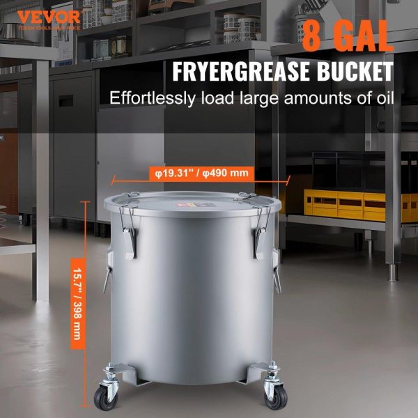 Cooking Equipment | Fryer Grease Bucket, 8 Gal Oil Disposal Caddy with Caster Base, Carbon Steel with Rust-Proof Coating, Oil Transport Container with Lid, Lock Clips, Filter Bag for Hot Cooking Oil Filtering, Gray Cooking Equipment Cooking Equipment