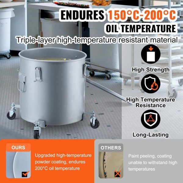 Cooking Equipment | Fryer Grease Bucket, 8 Gal Oil Disposal Caddy with Caster Base, Carbon Steel with Rust-Proof Coating, Oil Transport Container with Lid, Lock Clips, Filter Bag for Hot Cooking Oil Filtering, Gray Cooking Equipment Cooking Equipment