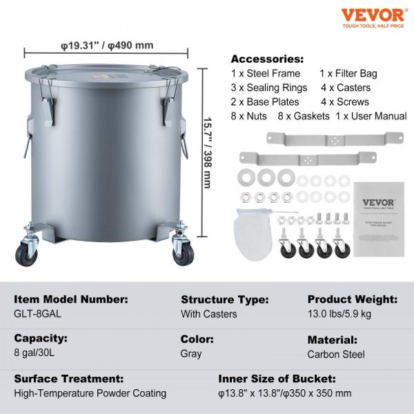 Cooking Equipment | Fryer Grease Bucket, 8 Gal Oil Disposal Caddy with Caster Base, Carbon Steel with Rust-Proof Coating, Oil Transport Container with Lid, Lock Clips, Filter Bag for Hot Cooking Oil Filtering, Gray Cooking Equipment Cooking Equipment