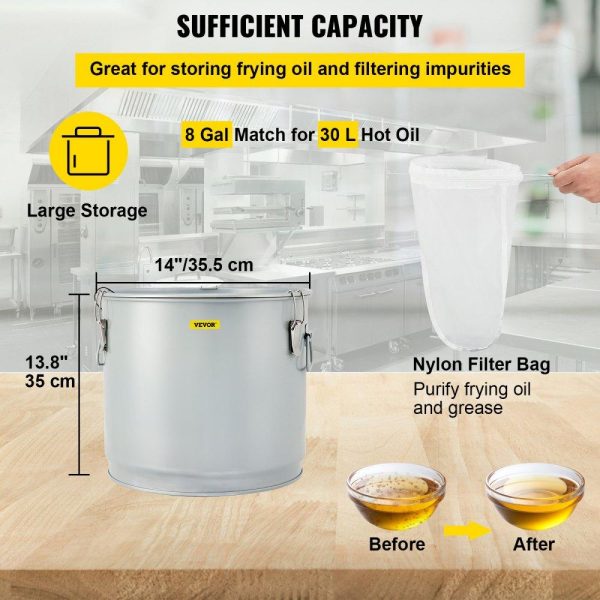 Cooking Equipment | Fryer Grease Bucket, 8 Gal/30 L, Coated Carbon Steel Oil Filter Pot with Caster Base, Oil Disposal Caddy with 62 LBS Capacity, Transport Container with Lid Lock Clip Nylon Filter Bag, Silver Cooking Equipment Cooking Equipment