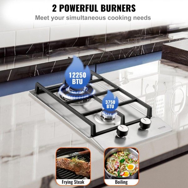 Cooking Equipment | Gas Cooktop 12 inch, Max 12250BTU 2 Burners Built-in Stainless Steel Gas Stove Top, LPG/NG Convertible Dual Fuel Natural Gas Hob with Thermocouple Protection Cooking Equipment Cooking Equipment