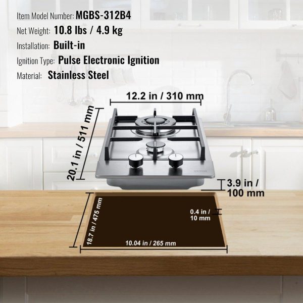 Cooking Equipment | Gas Cooktop 12 inch, Max 12250BTU 2 Burners Built-in Stainless Steel Gas Stove Top, LPG/NG Convertible Dual Fuel Natural Gas Hob with Thermocouple Protection Cooking Equipment Cooking Equipment