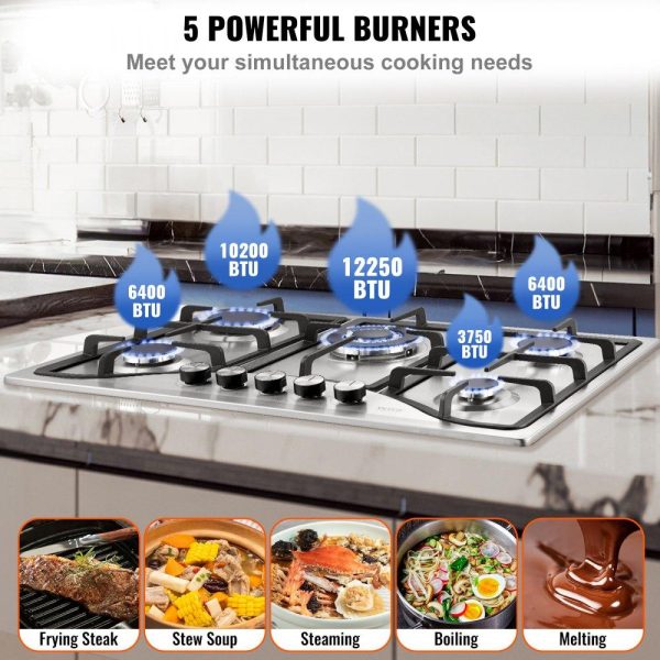 Cooking Equipment | Gas Cooktop 30 inch, Max 12250BTU 5 Burners Built-in Stainless Steel Gas Stove Top, LPG/NG Convertible Dual Fuel Natural Gas Hob with Thermocouple Protection Cooking Equipment Cooking Equipment