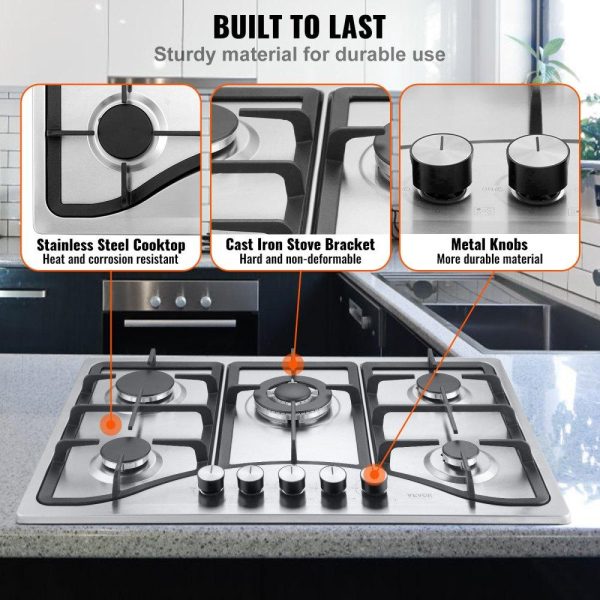 Cooking Equipment | Gas Cooktop 30 inch, Max 12250BTU 5 Burners Built-in Stainless Steel Gas Stove Top, LPG/NG Convertible Dual Fuel Natural Gas Hob with Thermocouple Protection Cooking Equipment Cooking Equipment