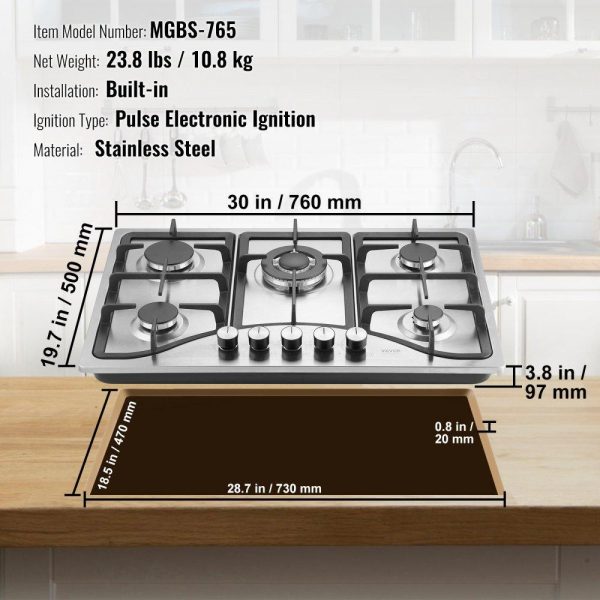 Cooking Equipment | Gas Cooktop 30 inch, Max 12250BTU 5 Burners Built-in Stainless Steel Gas Stove Top, LPG/NG Convertible Dual Fuel Natural Gas Hob with Thermocouple Protection Cooking Equipment Cooking Equipment