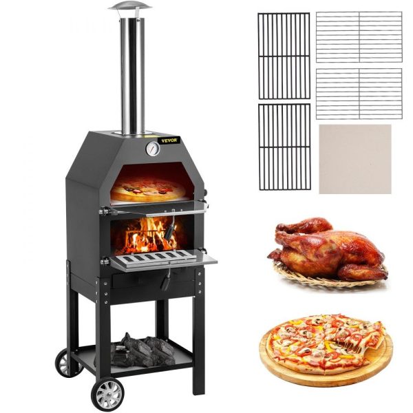 Cooking Equipment | Outdoor Pizza Oven, 12″ Wood Fire Oven, 2-Layer Pizza Oven Wood Fired, Wood Burning Outdoor Pizza Oven with 2 Removable Wheels, 700℉ Max Temperature Wood Fired Pizza Maker Ovens for Barbecue Cooking Equipment Cooking Equipment