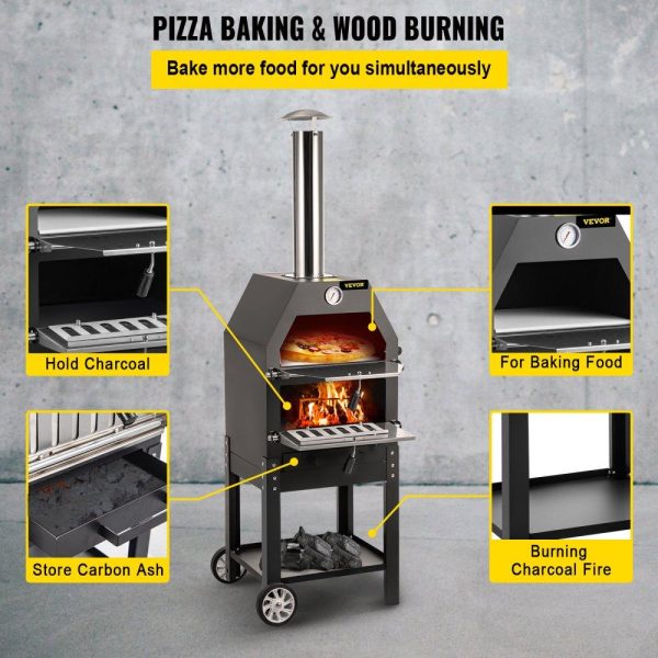 Cooking Equipment | Outdoor Pizza Oven, 12″ Wood Fire Oven, 2-Layer Pizza Oven Wood Fired, Wood Burning Outdoor Pizza Oven with 2 Removable Wheels, 700℉ Max Temperature Wood Fired Pizza Maker Ovens for Barbecue Cooking Equipment Cooking Equipment