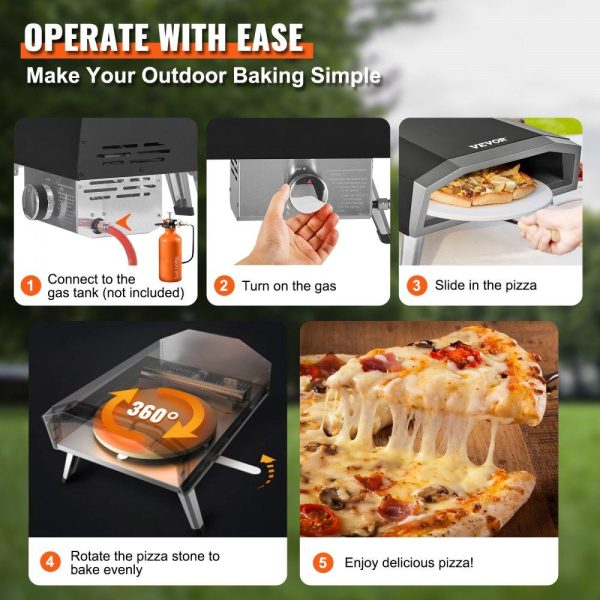 Cooking Equipment | Outdoor Pizza Oven, 16-inch, Gas Fired Pizza Maker, Portable Outside Stainless Steel Pizza Grill with 360° Rotatable Pizza Stone, Waterproof Cover, Peel, IR Thermometer, Gas Burner, CSA Listed Cooking Equipment Cooking Equipment