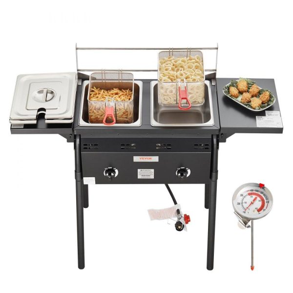 Cooking Equipment | Outdoor Propane Deep Fryer, Double Burners Commercial Fryer, 16 Qt Stainless Steel Cooker with Removable Baskets & Lids & Tanks, Oil Fryer Cart with Thermometer & Regulator, For Outdoor Cooking Cooking Equipment Cooking Equipment