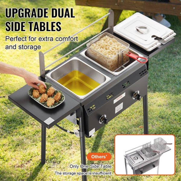 Cooking Equipment | Outdoor Propane Deep Fryer, Double Burners Commercial Fryer, 16 Qt Stainless Steel Cooker with Removable Baskets & Lids & Tanks, Oil Fryer Cart with Thermometer & Regulator, For Outdoor Cooking Cooking Equipment Cooking Equipment