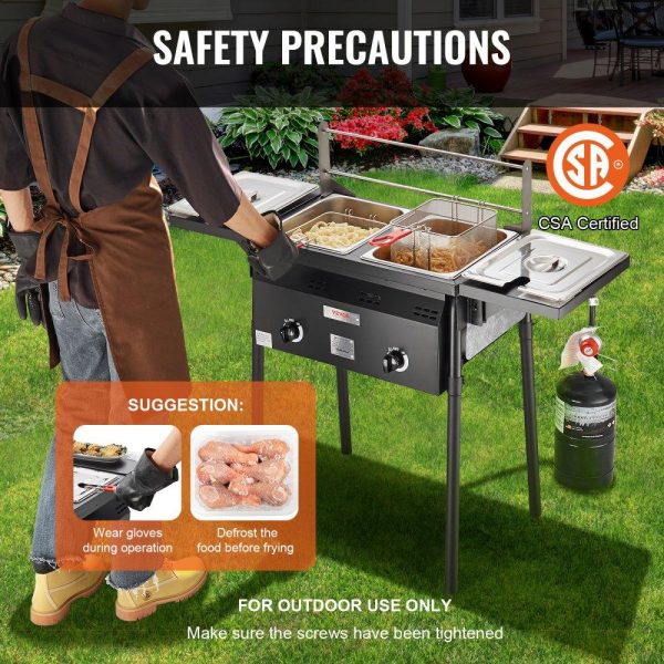 Cooking Equipment | Outdoor Propane Deep Fryer, Double Burners Commercial Fryer, 16 Qt Stainless Steel Cooker with Removable Baskets & Lids & Tanks, Oil Fryer Cart with Thermometer & Regulator, For Outdoor Cooking Cooking Equipment Cooking Equipment