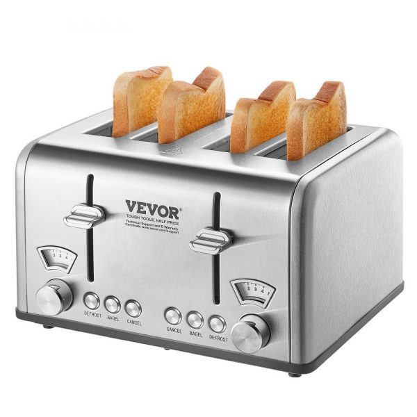 Cooking Equipment | Retro Stainless Steel Toaster, 4 Slice, 1625W 1.5” Extra Wide Slots Toaster with Removable Crumb Tray 6 Browning Level, Reheat Cancel Defrost and Bagel Functions for Toasting Bread Bagel Waffle Stainless Steel Silver Cooking Equipment Cooking Equipment