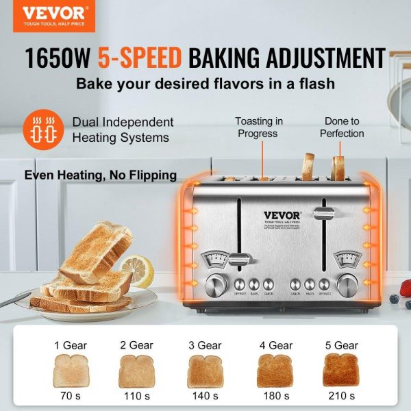 Cooking Equipment | Retro Stainless Steel Toaster, 4 Slice, 1625W 1.5” Extra Wide Slots Toaster with Removable Crumb Tray 6 Browning Level, Reheat Cancel Defrost and Bagel Functions for Toasting Bread Bagel Waffle Stainless Steel Silver Cooking Equipment Cooking Equipment