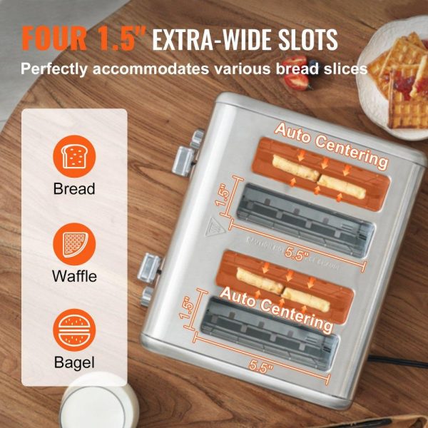 Cooking Equipment | Retro Stainless Steel Toaster, 4 Slice, 1625W 1.5” Extra Wide Slots Toaster with Removable Crumb Tray 6 Browning Level, Reheat Cancel Defrost and Bagel Functions for Toasting Bread Bagel Waffle Stainless Steel Silver Cooking Equipment Cooking Equipment