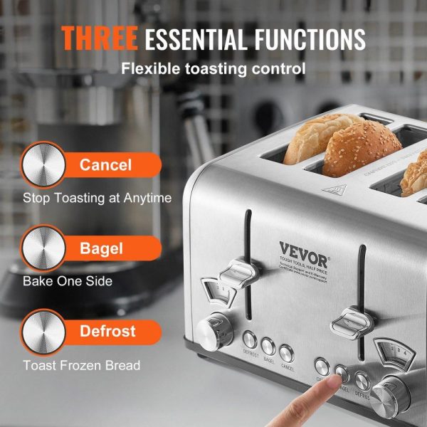 Cooking Equipment | Retro Stainless Steel Toaster, 4 Slice, 1625W 1.5” Extra Wide Slots Toaster with Removable Crumb Tray 6 Browning Level, Reheat Cancel Defrost and Bagel Functions for Toasting Bread Bagel Waffle Stainless Steel Silver Cooking Equipment Cooking Equipment