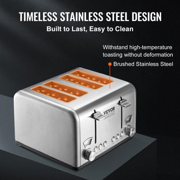 Cooking Equipment | Retro Stainless Steel Toaster, 4 Slice, 1625W 1.5” Extra Wide Slots Toaster with Removable Crumb Tray 6 Browning Level, Reheat Cancel Defrost and Bagel Functions for Toasting Bread Bagel Waffle Stainless Steel Silver Cooking Equipment Cooking Equipment