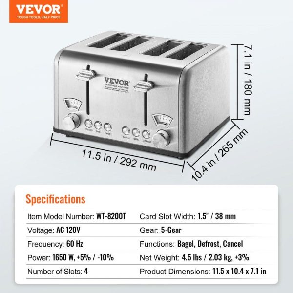 Cooking Equipment | Retro Stainless Steel Toaster, 4 Slice, 1625W 1.5” Extra Wide Slots Toaster with Removable Crumb Tray 6 Browning Level, Reheat Cancel Defrost and Bagel Functions for Toasting Bread Bagel Waffle Stainless Steel Silver Cooking Equipment Cooking Equipment