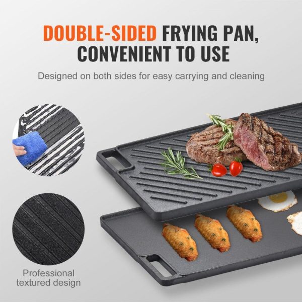 Cooking Equipment | Reversible Grill/Griddle, 9.7″x16.7″ Pre-Seasoned Cast Iron Griddle, Rectangular Double Burner Griddle Pan, Non-Stick Family Pan Cookware with Handles, Flat Top Plate for BBQ, Gas Grill, Black Cooking Equipment Cooking Equipment