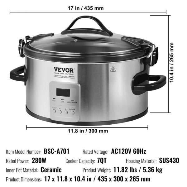 Cooking Equipment | Slow Cooker, 7QT 280W Electric Slow Cooker Pot with 3-Level Heat Settings, Digital Slow Cookers with Locking Lid, 20 Hours Max Timer, Ceramic Inner Pot for Commercial/Home Use Cooking Equipment Cooking Equipment