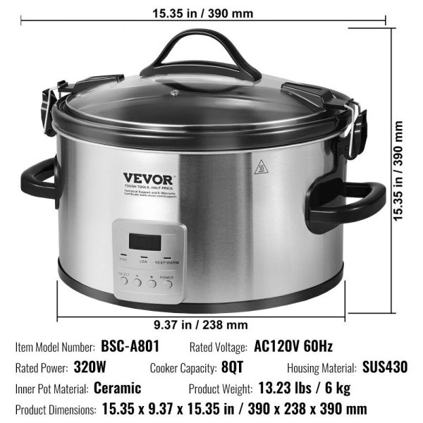 Cooking Equipment | Slow Cooker, 8QT 320W Electric Slow Cooker Pot with 3-Level Heat Settings Digital Slow Cookers with 20 Hours Max Timer, Locking Lid, Ceramic Inner Pot for Home/Commercial Use Cooking Equipment Cooking Equipment