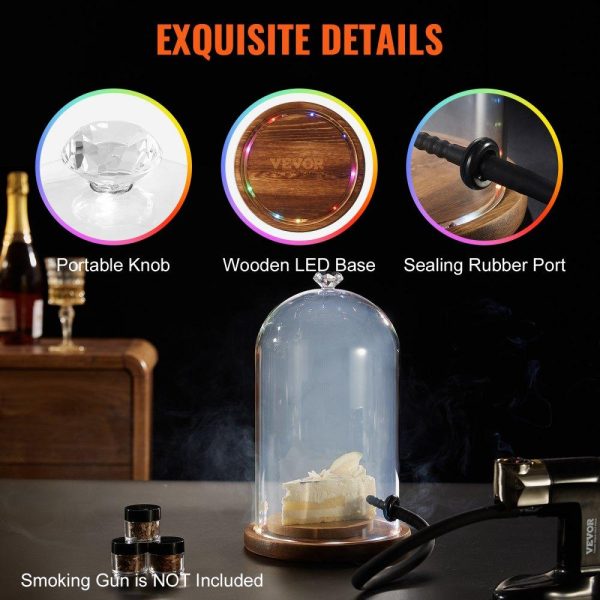 Cooking Equipment | Smoking Cloche, 6.9 inch Glass Dome Cover with Wooden Base, Smoker Gun Smoke Infuser Accessory for Plates, Bowls, and Glasses, Specialized Cloche Dome Cover Lid for Cocktails Drinks Foods, Clear Cooking Equipment Cooking Equipment