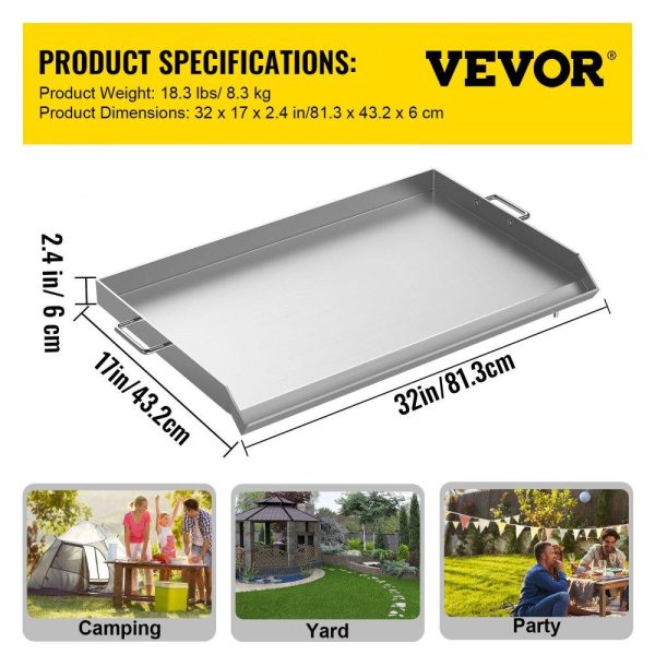 Cooking Equipment | Stainless Steel Griddle,32″ X 17″ Universal Flat Top Rectangular Plate , BBQ Charcoal/Gas Grill with 2 Handles and Grease Groove with Hole，Grills for Camping, Tailgating and Parties . Cooking Equipment Cooking Equipment