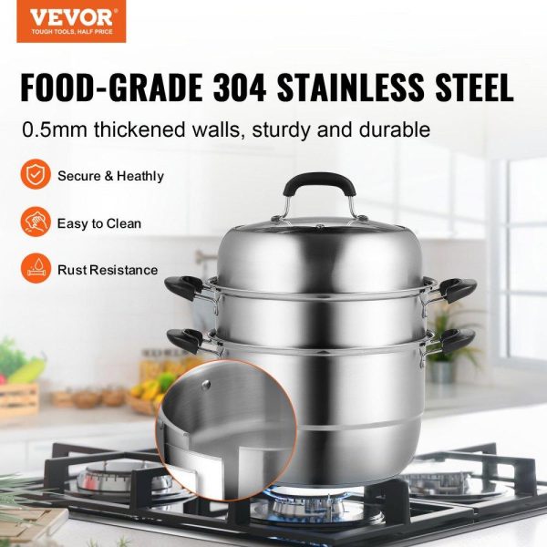 Cooking Equipment | Steamer Pot 11in/28cm, 3 Tier Steamer Pot for Cooking with 8.5QT Stock Pot, Vegetable Steamer & 2 Steaming Tray, Food-Grade 304 Stainless Steel Food Steamer Cookware for Gas Electric Stove Grill Cooking Equipment Cooking Equipment