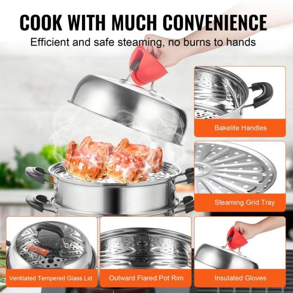 Cooking Equipment | Steamer Pot 11in/28cm, 3 Tier Steamer Pot for Cooking with 8.5QT Stock Pot, Vegetable Steamer & 2 Steaming Tray, Food-Grade 304 Stainless Steel Food Steamer Cookware for Gas Electric Stove Grill Cooking Equipment Cooking Equipment