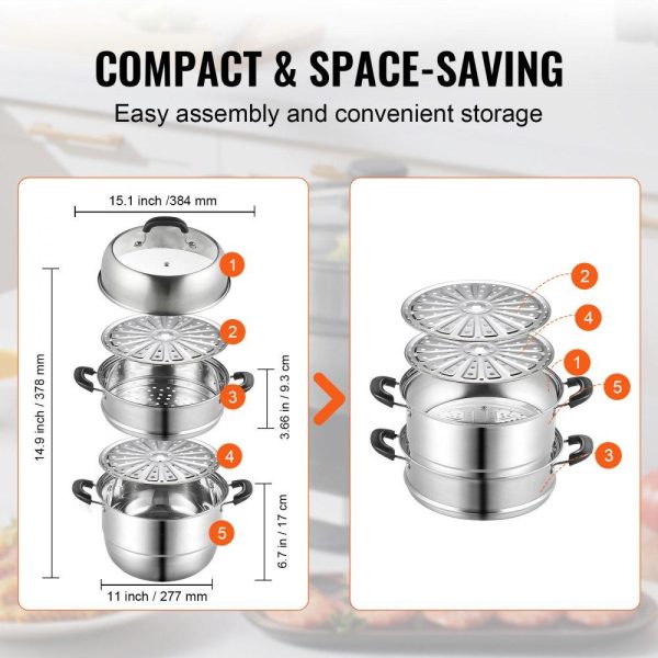 Cooking Equipment | Steamer Pot 11in/28cm, 3 Tier Steamer Pot for Cooking with 8.5QT Stock Pot, Vegetable Steamer & 2 Steaming Tray, Food-Grade 304 Stainless Steel Food Steamer Cookware for Gas Electric Stove Grill Cooking Equipment Cooking Equipment