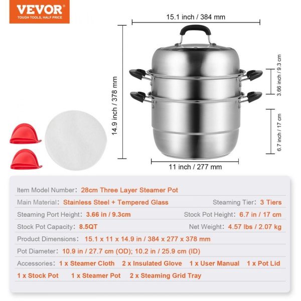 Cooking Equipment | Steamer Pot 11in/28cm, 3 Tier Steamer Pot for Cooking with 8.5QT Stock Pot, Vegetable Steamer & 2 Steaming Tray, Food-Grade 304 Stainless Steel Food Steamer Cookware for Gas Electric Stove Grill Cooking Equipment Cooking Equipment