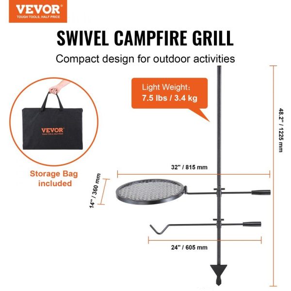 Cooking Equipment | Swivel Campfire Grill, Fire Pit Grill Grate over Fire Pits, Heavy Duty Steel Grill Grates, 360° Adjustable Open Fire Outdoor Cooking Equipment, Portable Camp Fire Racks for Camping Outdoor BBQ Cooking Equipment Cooking Equipment