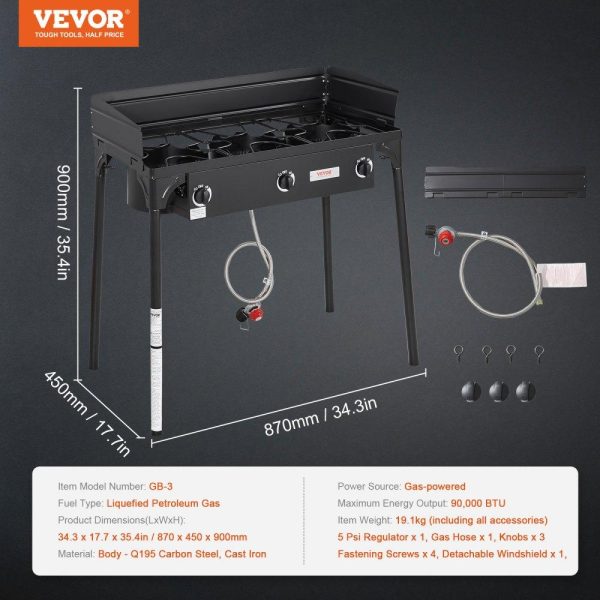 Cooking Equipment | Triple Burner Outdoor Camping Stove, 90,000-BTU Camping Modular Cooking Stove, Heavy Duty Carbon Steel Gas Cooker with Detachable Legs Stand & PSI Regulator, for BBQ Home Camp Patio RV Cooking Cooking Equipment Cooking Equipment