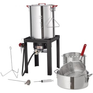 Cooking Equipment | Turkey Deep Fryer, 30-qt Turkey & 10-qt Fish Steamer Cooker Set, Outdoor Aluminum Seafood Frying Pot, 54,000 BTU Burner Propane Gas Boiler, Includes Baskets, Perforated Poultry Rack, Thermometer Cooking Equipment Cooking Equipment