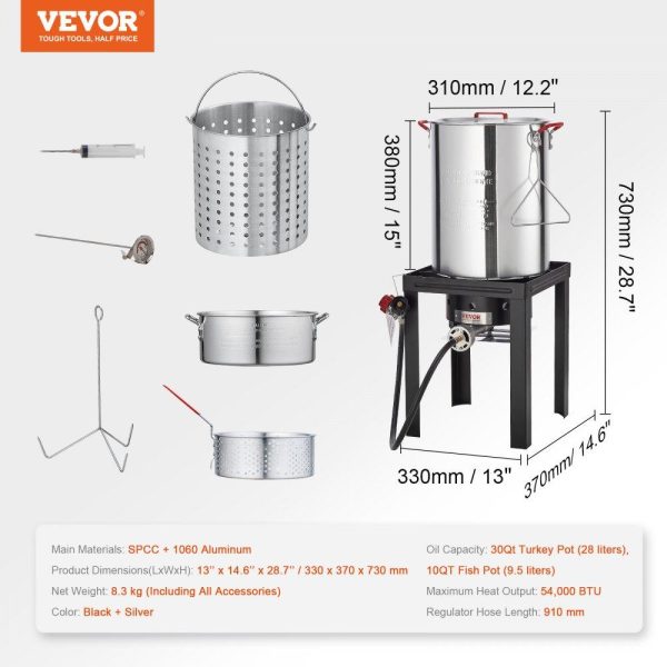 Cooking Equipment | Turkey Deep Fryer, 30-qt Turkey & 10-qt Fish Steamer Cooker Set, Outdoor Aluminum Seafood Frying Pot, 54,000 BTU Burner Propane Gas Boiler, Includes Baskets, Perforated Poultry Rack, Thermometer Cooking Equipment Cooking Equipment