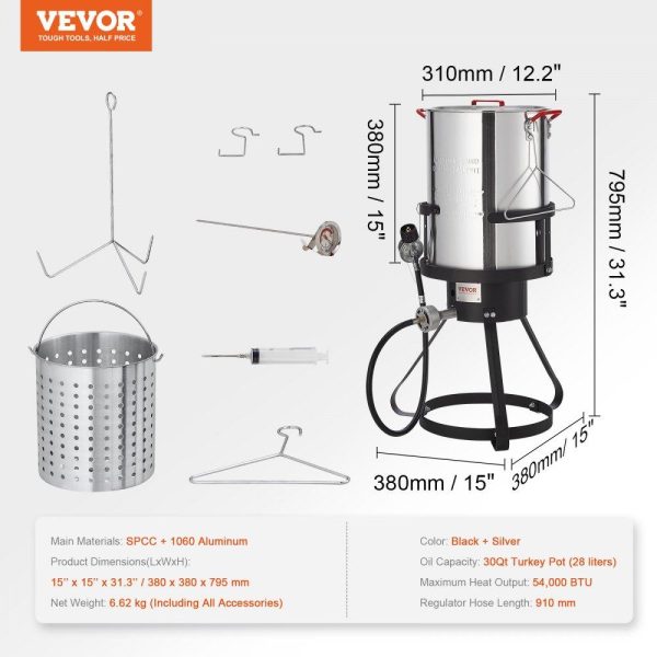 Cooking Equipment | Turkey Deep Fryer, 30-qt Turkey Fryer Boiler Steamer Cooker Set, Outdoor Aluminum Seafood Frying Pot, 54,000 BTU Burner Propane Gas Boiler, Includes Basket, Perforated Poultry Rack, Thermometer Cooking Equipment Cooking Equipment