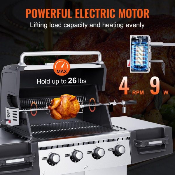 Cooking Equipment | Universal Grill Rotisserie Kit for Grills, Electric BBQ Grill with 110V 9W Motor, Stainless Steel Automatic Grilling Kit, Heavy Duty 32″/39″ Hexagon Spit Rod, 26 lbs Capacity Grill Attachment Cooking Equipment Cooking Equipment