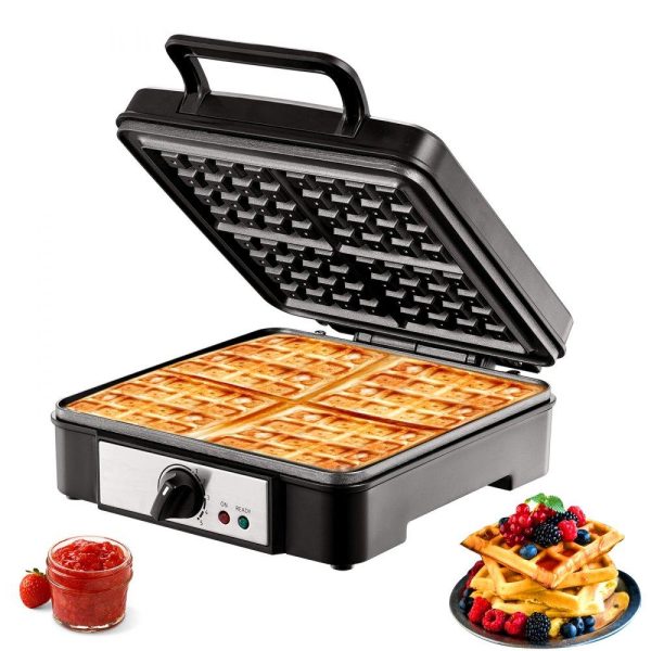 Cooking Equipment | Waffle Maker, 4 Slices per Batch, 1200W Square Waffle Iron, Non-Stick Waffle Baker Machine with 122-572℉ / 50-300℃ Temperature Range Teflon-Coated Baking Pans Stainless Steel Body, 120V Cooking Equipment Cooking Equipment