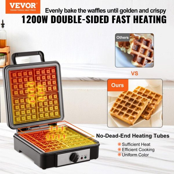 Cooking Equipment | Waffle Maker, 4 Slices per Batch, 1200W Square Waffle Iron, Non-Stick Waffle Baker Machine with 122-572℉ / 50-300℃ Temperature Range Teflon-Coated Baking Pans Stainless Steel Body, 120V Cooking Equipment Cooking Equipment