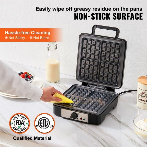 Cooking Equipment | Waffle Maker, 4 Slices per Batch, 1200W Square Waffle Iron, Non-Stick Waffle Baker Machine with 122-572℉ / 50-300℃ Temperature Range Teflon-Coated Baking Pans Stainless Steel Body, 120V Cooking Equipment Cooking Equipment