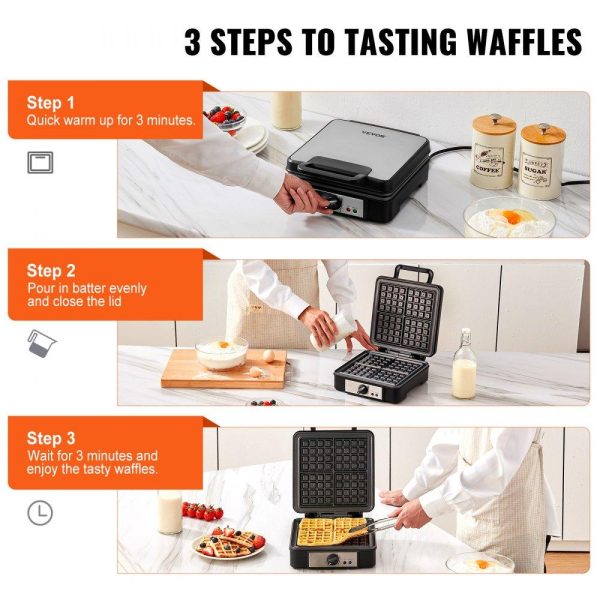 Cooking Equipment | Waffle Maker, 4 Slices per Batch, 1200W Square Waffle Iron, Non-Stick Waffle Baker Machine with 122-572℉ / 50-300℃ Temperature Range Teflon-Coated Baking Pans Stainless Steel Body, 120V Cooking Equipment Cooking Equipment