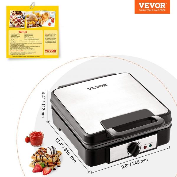 Cooking Equipment | Waffle Maker, 4 Slices per Batch, 1200W Square Waffle Iron, Non-Stick Waffle Baker Machine with 122-572℉ / 50-300℃ Temperature Range Teflon-Coated Baking Pans Stainless Steel Body, 120V Cooking Equipment Cooking Equipment