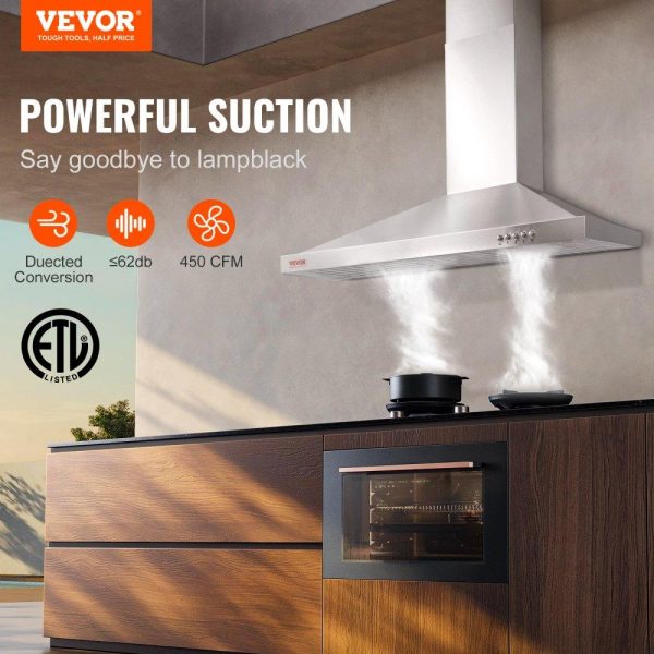 Cooking Equipment | Wall Mount Range Hood, Ductless Chimney-Style Kitchen Stove Vent, Stainless Steel Permanent Filter with 3-Speed Exhaust Fan, 2 Baffle Filters, LED Lights, Push Button, Silver (30 inch) Cooking Equipment Cooking Equipment