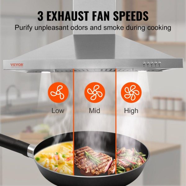 Cooking Equipment | Wall Mount Range Hood, Ductless Chimney-Style Kitchen Stove Vent, Stainless Steel Permanent Filter with 3-Speed Exhaust Fan, 2 Baffle Filters, LED Lights, Push Button, Silver (30 inch) Cooking Equipment Cooking Equipment