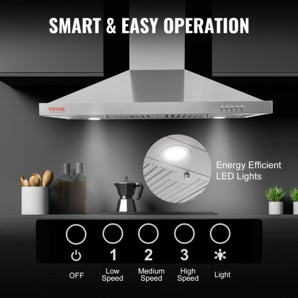 Cooking Equipment | Wall Mount Range Hood, Ductless Chimney-Style Kitchen Stove Vent, Stainless Steel Permanent Filter with 3-Speed Exhaust Fan, 2 Baffle Filters, LED Lights, Push Button, Silver (30 inch) Cooking Equipment Cooking Equipment