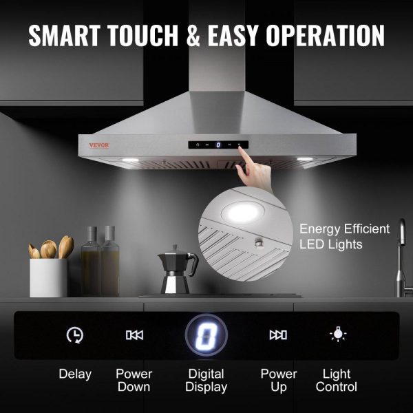 Cooking Equipment | Wall Mount Range Hood, Ductless Chimney-Style Kitchen Stove Vent, Stainless Steel Permanent Filter with 3-Speed Exhaust Fan, 2 Baffle Filters, LED Lights, Touch Control Panel (30 inch) Cooking Equipment Cooking Equipment