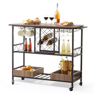 Food Display & Merchandising Equipment | 3-Tier Bar Serving Cart Rolling Trolley with Wine Grid Glass Holder 300LBS Food Display & Merchandising Equipment Food Display & Merchandising Equipment