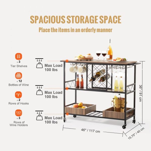 Food Display & Merchandising Equipment | 3-Tier Bar Serving Cart Rolling Trolley with Wine Grid Glass Holder 300LBS Food Display & Merchandising Equipment Food Display & Merchandising Equipment