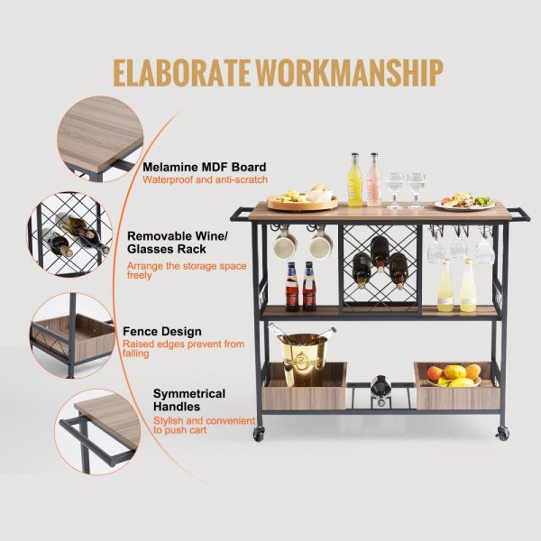 Food Display & Merchandising Equipment | 3-Tier Bar Serving Cart Rolling Trolley with Wine Grid Glass Holder 300LBS Food Display & Merchandising Equipment Food Display & Merchandising Equipment